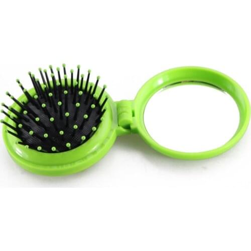 Girls Travel Folding Hair Massage Brush With Mirror Pocket Size Comb Random Colors