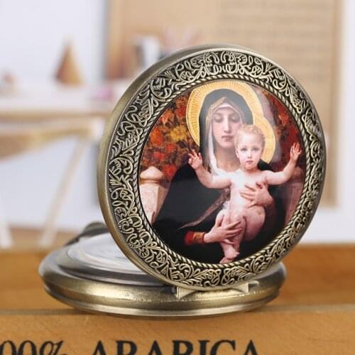 Religious Virgin Mary and Jesus Quartz Pocket Watch Pendant for Women Girls Lady Jewelry Necklace Chain Watch Gift for Men Women
