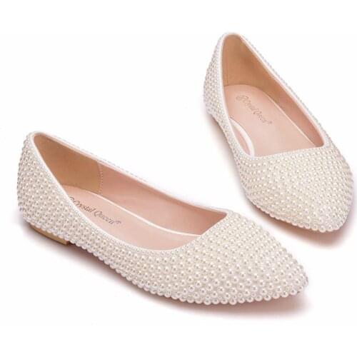 Crystal Queen Beige pearl Crystal womens wedding shoes Flat big size female shoes real leather insole woman shoes Bridal party