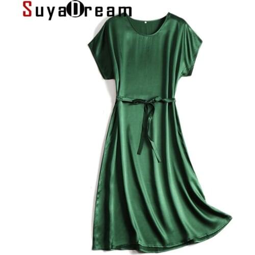 SuyaDream Woman Midi Dress 100%Silk Satin Solid Bat Sleeves Sashes Dresses 2021 Spring Summer Green Black Chic Dresses