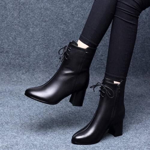 Winter New High-heeled Versatile Classic Non-slip Tip Thick Heel Design Side Zipper Fashion Plus Velvet Womens Booties B20-48