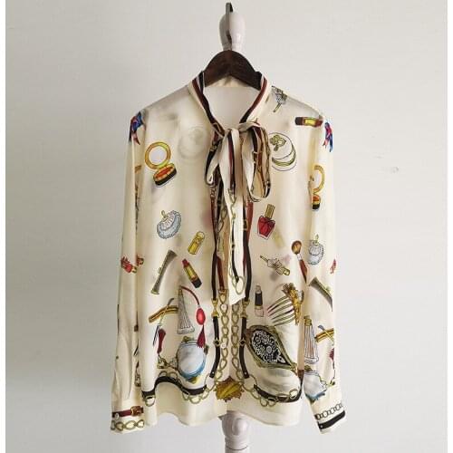 100% Silk Long Sleeve Blouse Women 2021 Spring Summer Stand Collar Bow Fashion Printed Single Breasted Classy Elegant OL Shirts