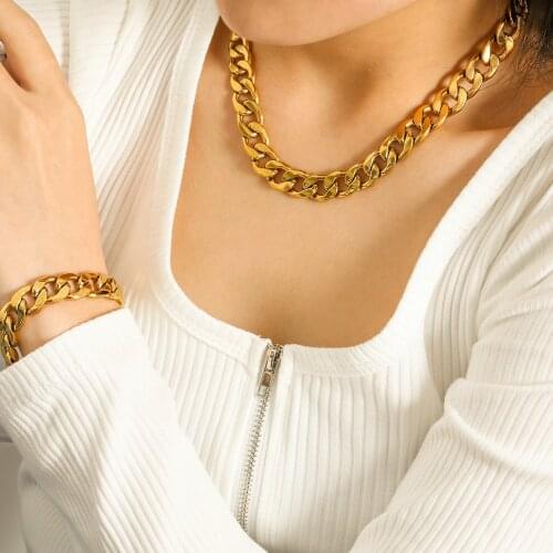 12mm Extra Large Flat Curb Chain Necklace Punk Chunky Miami Jewelry 18K Gold Plated Stainless Steel Chain Choker Necklace