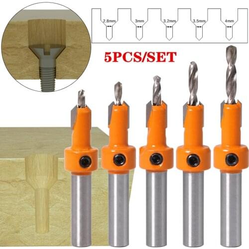 5pcs/set Woodworking Alloy Drill Countersunk Drill Bit Tungsten Carbide Dia.2.8-4mm Drill Bit Screw 8MM Shank Step Drill Bit