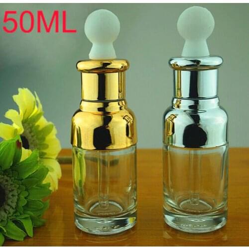 50ml Silver/golden essential oil bottle with UV plastic cap +glass dropper for cosmeticl packaging 100pcs/lot