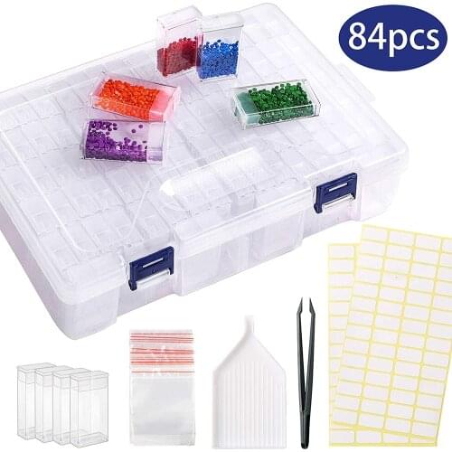 84 Slots Diamond Painting box, Diamond Painting Accessories Beads Storage Box Funnel Plate 112pcs Label Stickers and Tweezers