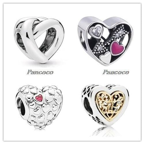 925 Sterling Silver Charm Openwork Silver Gold Locked Hearts Bead Fit Women Pandora Bracelet & Necklace Diy Jewelry