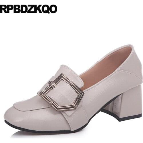 Beige metal block patent leather shoes ladies pumps china high heels brown black square toe size 4 34 2019 chunky thick cheap