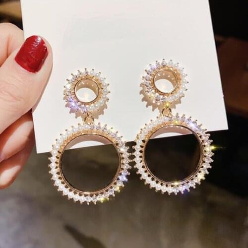 Shining Rhinestone Geometric Drop Earrings for Women Girls Pearl Bijoux Gold Round Dangle Earring Party Jewelry Gift