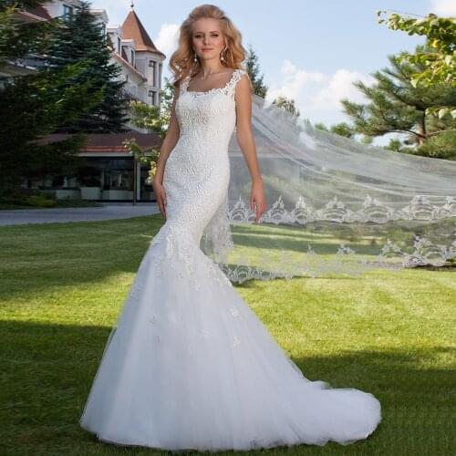 Elegant Mermaid Wedding Dresses Square Neck Sleeveless Lace Tulle Bridal Dress Illusion Trumpet Wedding Gown Robe Mariee