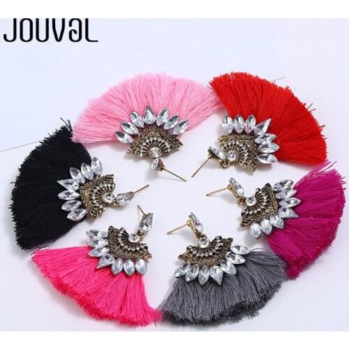 JOUVAL Ethnic Bohemian Dangle Drop Earrings for Women Crystal Brincos Fan Shaped Cotton Handmade Tassel Fringe Earrings Jewelry