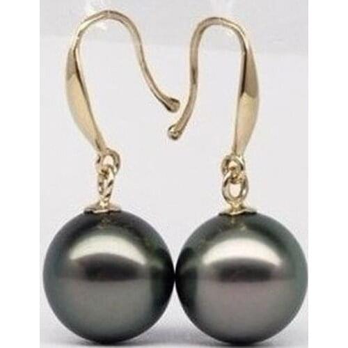 HOT AAA 10-11MM PERFECT ROUND TAHITIAN BLACK PEARL EARRING 14 GOLD 925