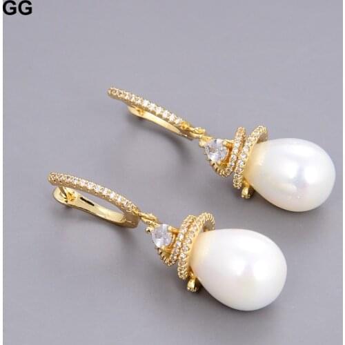 GuaiGuai Jewelry White Teardrop Shell Golden Plated Cz pave Lever back Earrings 2.5