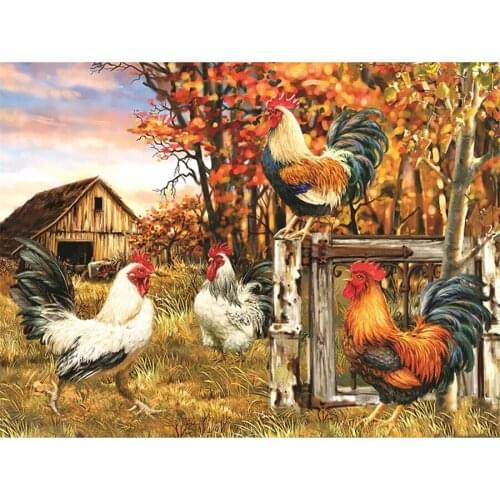 Full Square Diamond Painting by Number Rooster Hen Chicken Embroidery Cross Stitch Diamond Mosaic Kit Picture Rhinestone Decor