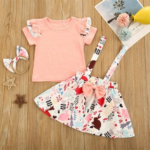 Girl’s Skirt Three Piece Suit Fresh Solid Color Short Sleeve T-shirt Easter Rabbit Suspender Skirt and Headband