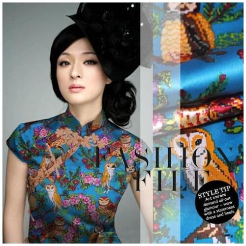 LEO&LIN Vintage Chinese Style The Network Print Owl Elastic Silk Satin Cheongsam Fabric For Dress 50cm
