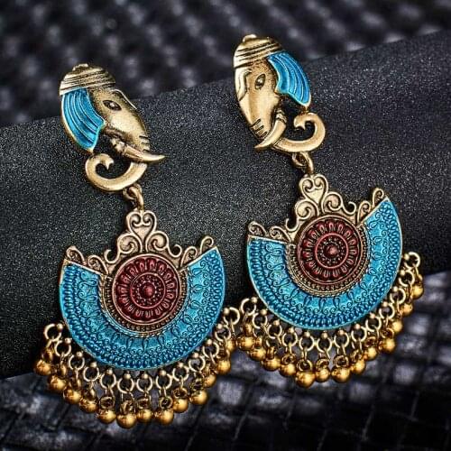 MISANANRYNE Antique Boho Hollow-out Gypsy Tribal Indian Elephant Drop Earrings for Women Aladdin princess Earrings