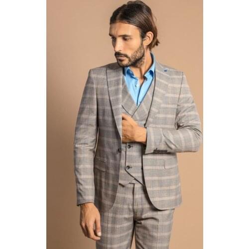Single Button Peak Lapel 3-Piece Suit in Beige Wessi