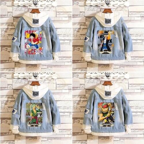 New Anime One Piece Denim Jacket D Luffy Hooded Jeans Sweatshirt Unisex Ripped Hole Cosplay Hoodie