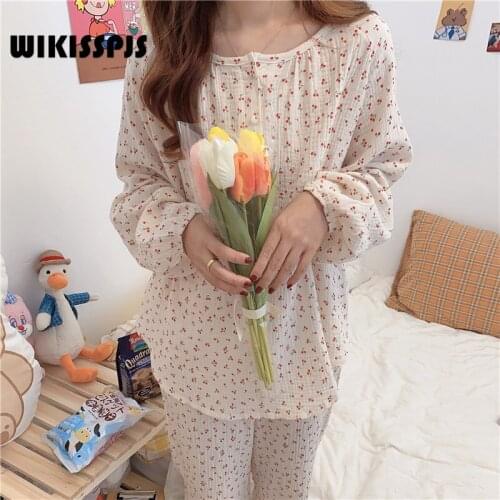 WIKISSPJS 2021 Autumn New Korean Loose Cherry Pajamas Home Clothes Suit Long Sleeved Trousers Women Loungewear Sleepwear