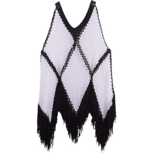 See Through Sexy Sleeveless Bikini Cover Up V Neck Irregular Tassel Swimsuit Cover Up for Vacation Mini Skirts