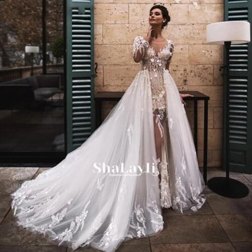 Luxury Mermaid Wedding Dresses Long Sleeve Tulle Detachable Train 2 In 1 Lace Applique Wedding Gowns V-neck Tailor-made