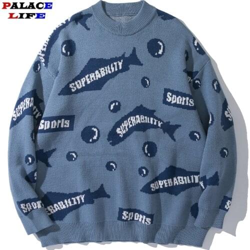 Streetwear Sweater Men Vintage Letter Shark Full Print Knitted Sweater 2021 Autumn Harajuku Loose Cotton Casual Women Pullover