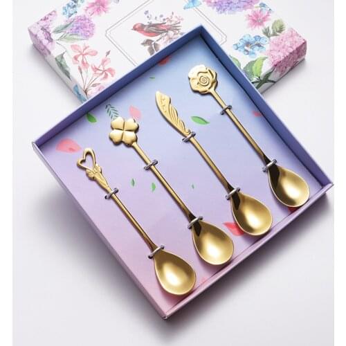 Titanium wedding gift, wedding 304 stainless steel coffee stirring spoon, four-piece spoon of agapanthus, gift box