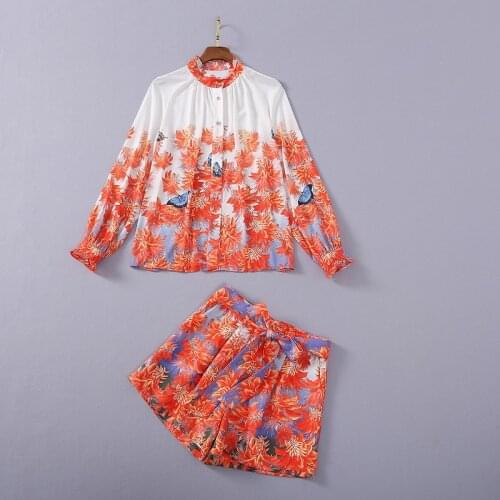 European and American womens wear 2020 winter new style Long-sleeved printed shirt shorts Two-piece fashion suit
