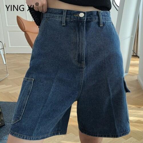 YING XI 2020 New Fashion Knee Length Jeans Woman High Waist Loose Casual Pockets Button Zipper Fly Straight Pants Woman