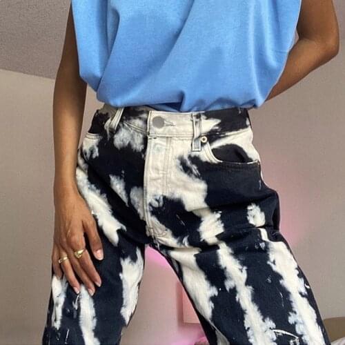 B-TOTO American Retro Dark Print Jeans Womens Trendy Ins High-waist Straight-leg Pants 2021 New Fashion