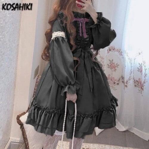 KOSAHIKI Black Patchwork Ruffles Lolita Princess Dresses Flare Sleeve Bowknot Harajuku Femme Robe Japanese Kawaii Women Vestidos