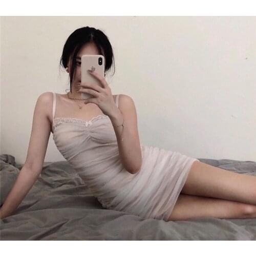 Women Mesh Mini Dress Y2K Spaghetti Strap summer dress Sweet Sleeveless white lace bow fairy dress for Women vestido de mujer