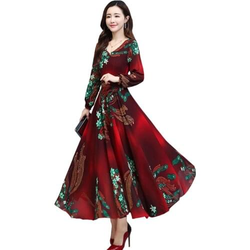 2021 Latest Elegant Summer Women Long-sleeved Chiffon Dress V-neck Short sleeve Print Plus size Long Female Casual Dresses OK761