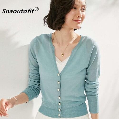 Snaoutofit Pure Wool Sweater Womens Simple Small Fragrance Spring Summer New V-Neck Knitted Coat Pearl Button Cardigan Jacket