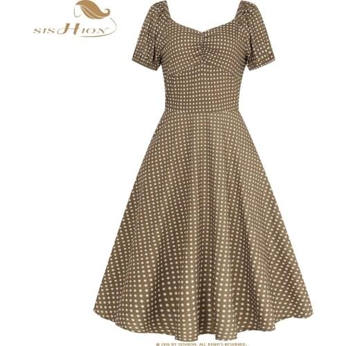 SISHION 2021 Summer Polka Dot A Line Dress VD1486 Women Ladies Blue Coffee Green White Short Sleeve Swing Retro Vintage Dress