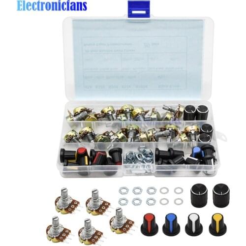 20Pcs/lot 4 Values WH148 B1K 2K 5K 10K 20K 50K 100K 250k 500K 1M Knurled Shaft Linear Rotary Taper Potentiometer with Knobs