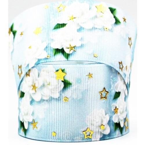 22-75mm gold foil flower printed glowing star ribbon 10/25/50 yards DIY Handmade Gift Packing Wedding Decoration ribbons