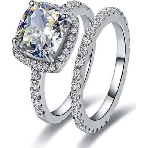 2Ct Cushion Cut D Color Diamond Engagement Ring With 0.23Ct Band Solid 18K White Gold Set Rings AU750 Jewelry
