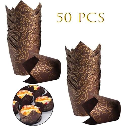 50PCS Tulip Muffin Cupcake Paper Cups Weeding Cup Cakes Paper Cases Golden Printed Cupcake Liners Wrappers Cake Decorating Tools
