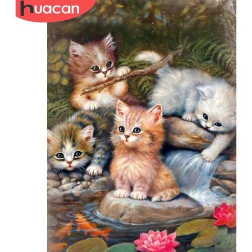 HUACAN Cat Diamond Painting Animal Cross Stitch Home Decoration Mosaic Pond Embroidery Handcraft Decoration For Home