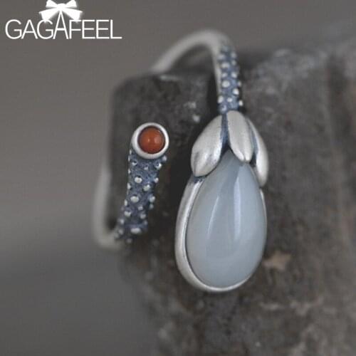 GAGAFEEL S925 Silver Retro Creative Design Water Drop Hetian Jade Open Ring Female Temperament Silver Ring