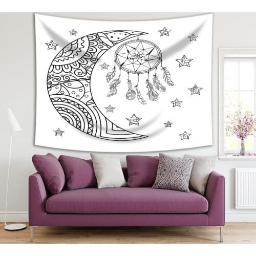 Tapestry Dreamcatcher Half Moon Stars Night Sky Geometric Pattern Ethnic Boho Style Artwork Black White