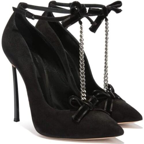 Fashion T-strap Single Shoes Suede Black Pointed Bows Chains High Heels Pumps Elegant Dance Womens Shoes Party Dress Shoe Pumps