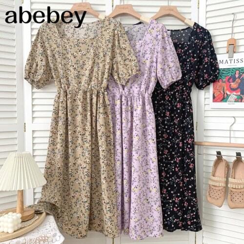 Fashion versatile square collar puff sleeve Dress high waist pleated bandage waist Floral Dress 2021 New Summer Women