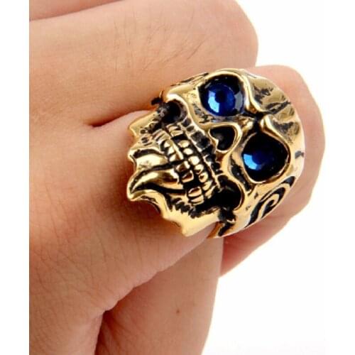 Mens Punk Cool Skull Blue Eyes Flame 316L Stainless Steel Biker Ring