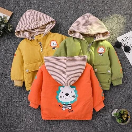 2021 New Style Winter Boys Jacket Plus Velvet Warm Cartoon Lion Hooded Outerwear For Kids Children Heavy Windbreaker Coat