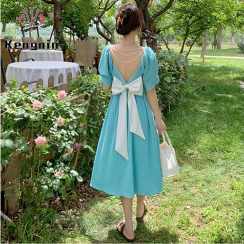 New 2021 Summer Seaside Holiday Women Dress Bow Sexy Off The Back Lady Vestidos French Beach Style Robe Dresses Oversize KE1443