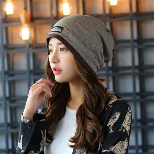Autumn Winter Hat For Women Men Double Layers Beanie Korean Side Sticker Cloth Hooded Hat Hip Hop Cap Solid Color Bonnet Hats