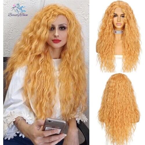 BeautyTown Kinky Curly Lace Front Wig For Black Women Natural Hairline Heat Resistant Premium Cosplay Wigs Deep Middle Part